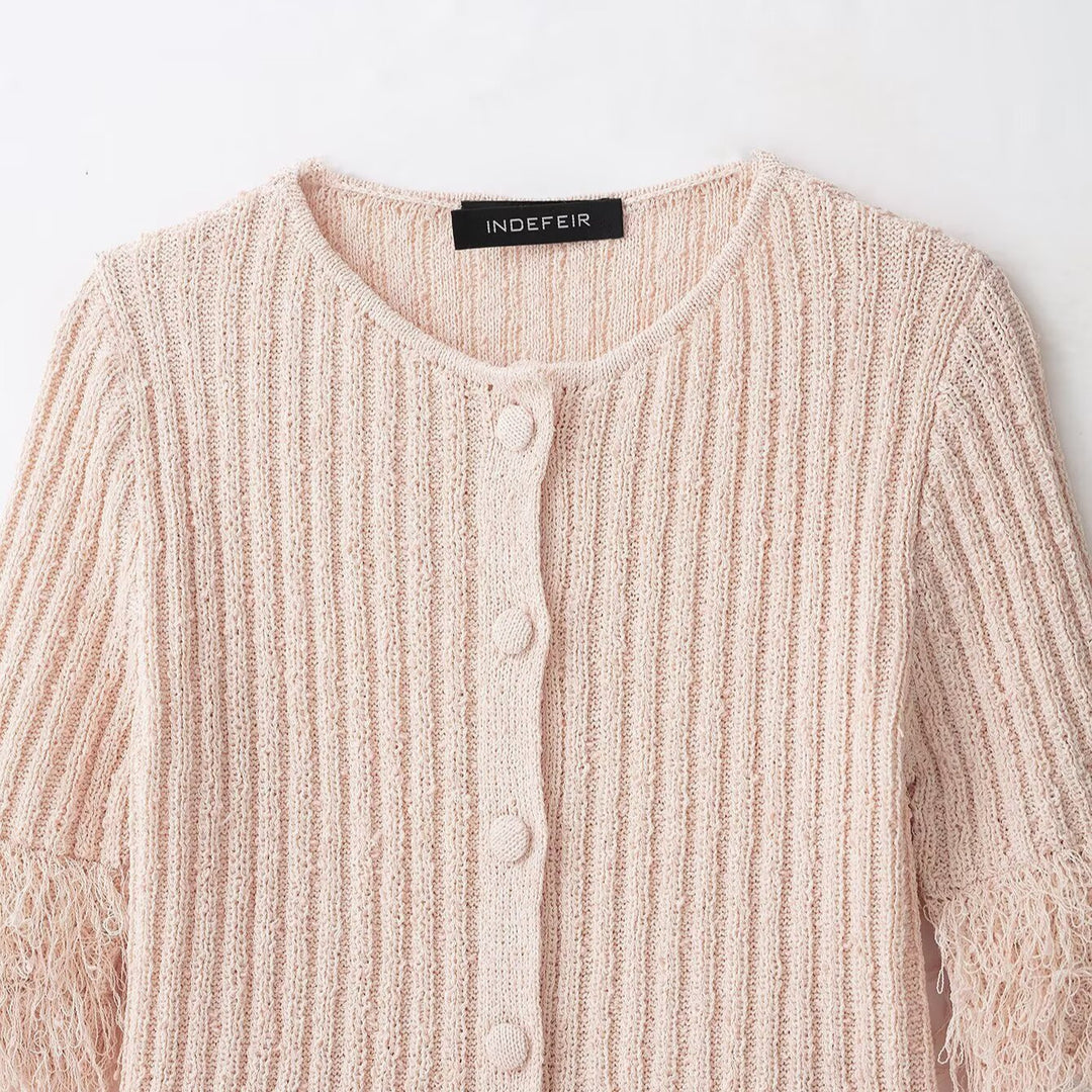 Damen Bouclé-Cardigan mit Fransenärmeln und verdeckter Knopfleiste Echoarchiv