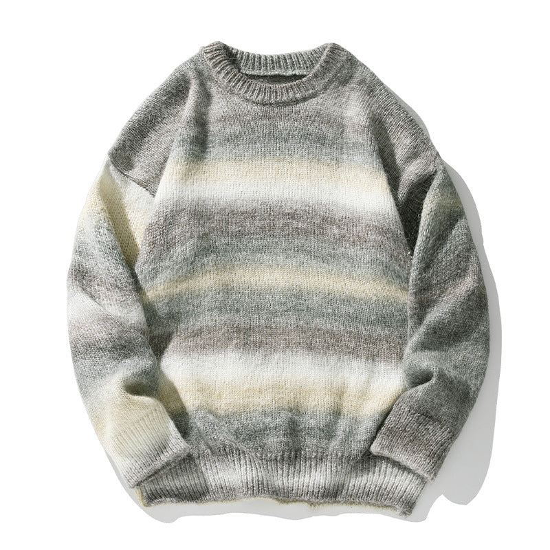 Unisex Oversize Mohair-Mix Rundhals-Pullover mit Farbverlaufstreifen und geripptem Saum Echo Archiv