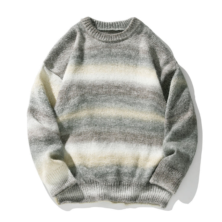 Unisex Oversize Mohair-Mix Rundhals-Pullover mit Farbverlaufstreifen und geripptem Saum Echo Archiv