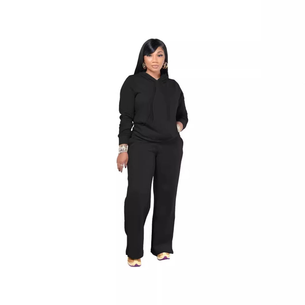 Damen Relax-Loungewear-Set mit weitem Highwaist-Palazzo-Jogger, Kapuzenpullover mit Kängurutasche und seitlichem Saumschlitz – Avérine