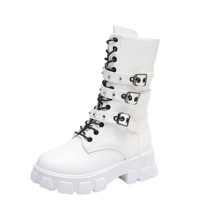 Damen Plateau-Bikerstiefel mit dreifacher Zierschnalle und massiver Profilsohle Echo Archiv