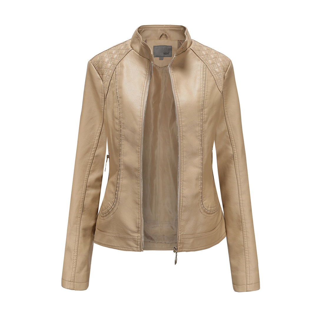 Damen nan taillierte Kunstleder Bikerjacke mit Stehkragen und gesteppter Schulterpartie Echo Archiv