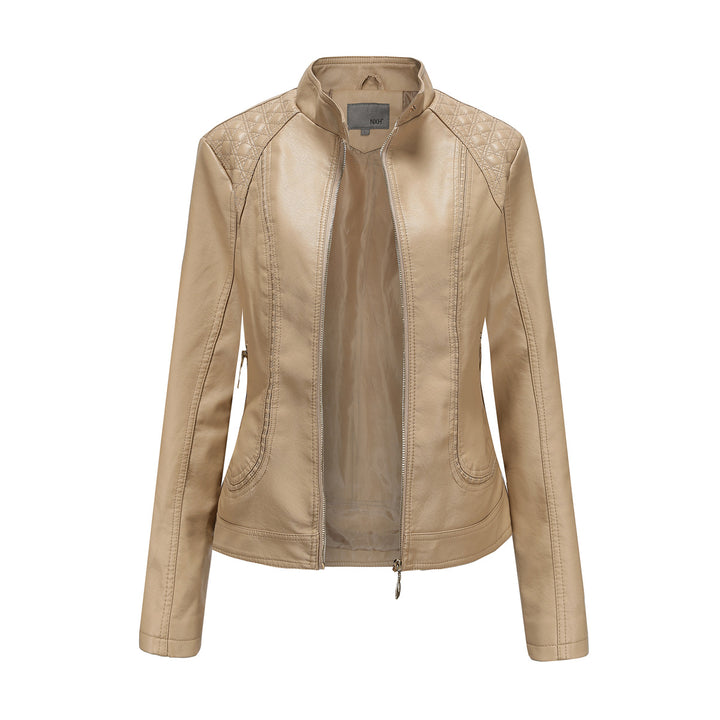 Damen nan taillierte Kunstleder Bikerjacke mit Stehkragen und gesteppter Schulterpartie Echo Archiv