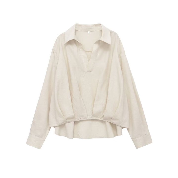 Damen Oversize-Leinenbluse mit offenem V‑Ausschnitt und gerafftem Saum Echoarchiv