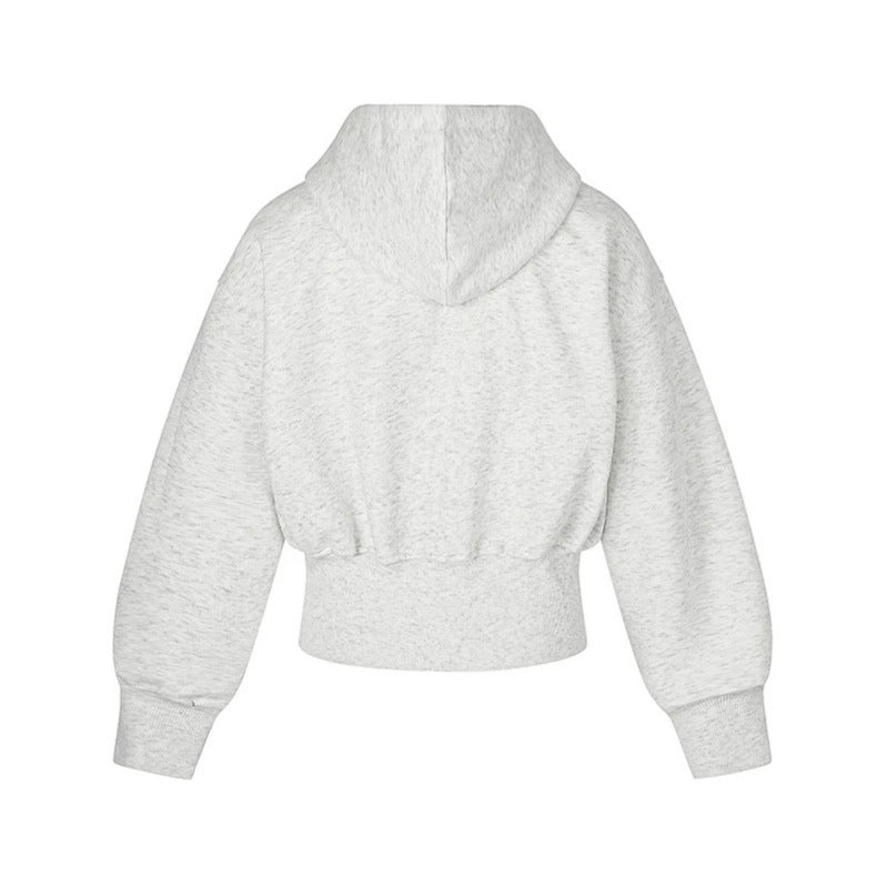 Damen Kurze Kapuzen-Sweatjacke mit durchgehendem Reißverschluss, breitem Rippbund und Strass-Logo Echoarchiv