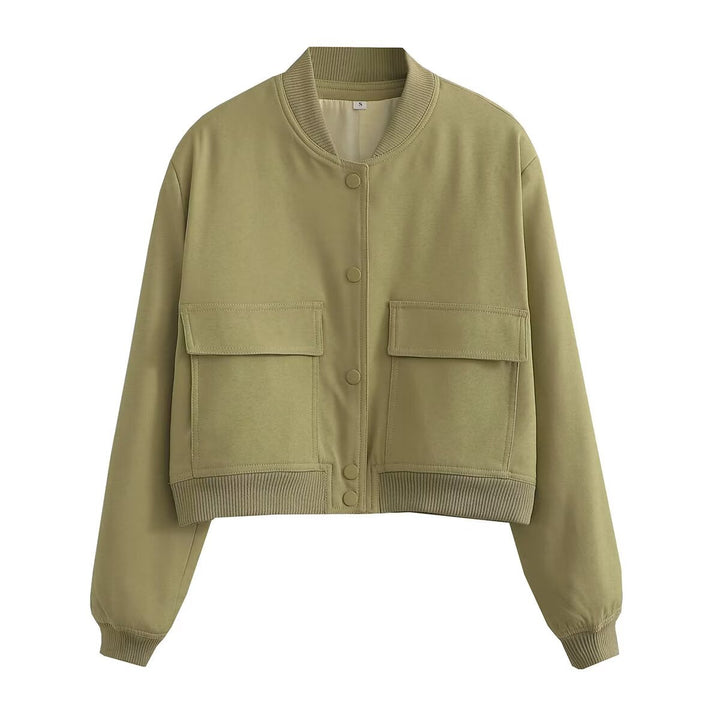 Damen nan kurze Utility-Bomberjacke mit aufgesetzten Pattentaschen, verdeckter Druckknopfleiste und elastischen Rippbündchen Echo Archiv