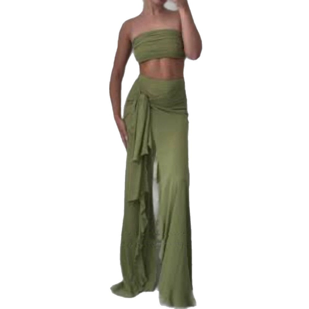 Damen Hochtaillierter Maxi-Rock mit asymmetrischer Raffung, Knotendetail und Volant-Schlitz Echoarchiv