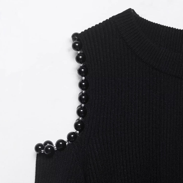 Damen Gestrickter Cropped-Pullover mit Cut-Out-Schultern und Perlenbesatz Echoarchiv