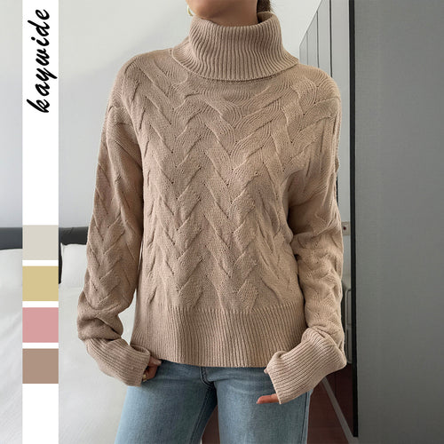 Damen grobstrick Rollkragenpullover mit Zopfstruktur, oversized Schnitt und längeren Ärmeln – Mavelle