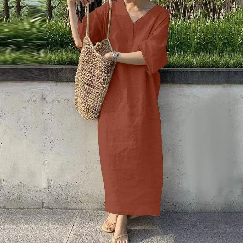 Damen lässiges Leinen-Midikleid mit V-Ausschnitt und weit geschnittenen Ärmeln Echo Archiv