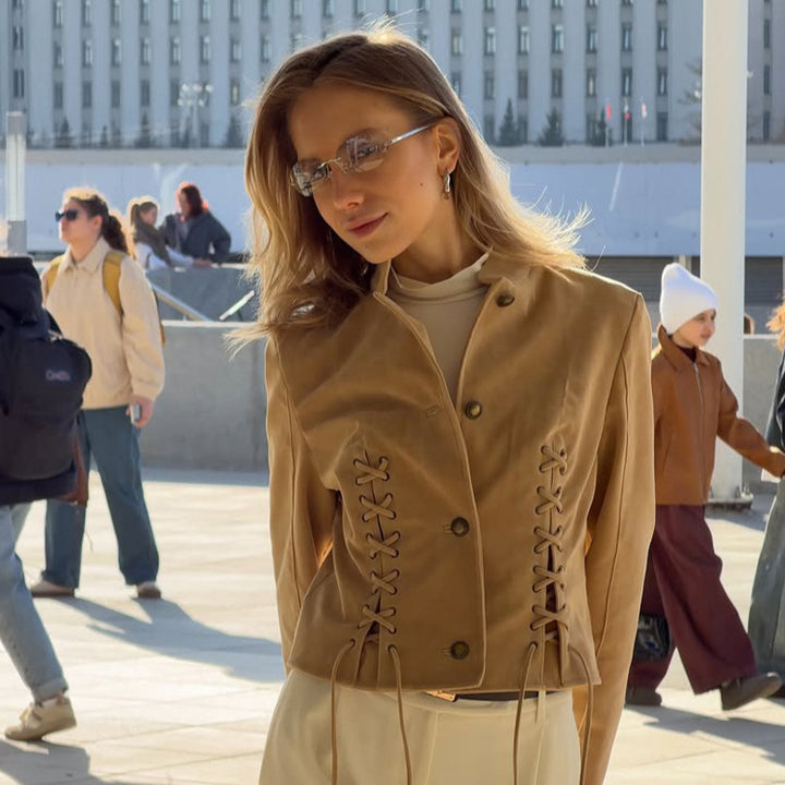 Damen Kurzjacke aus Veloursleder-Optik mit seitlichen Schnürungen & Stehkragen Echoarchiv