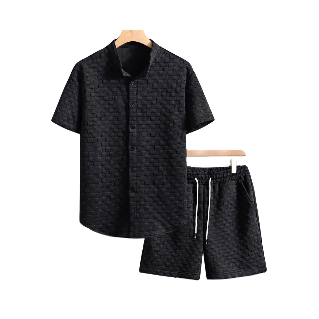 Herren nan zweiteiliges Sommerensemble mit Stehkragen-Hemdjacke und elastischen Komfort-Shorts in geprägter Karo-Textur Echoarchiv