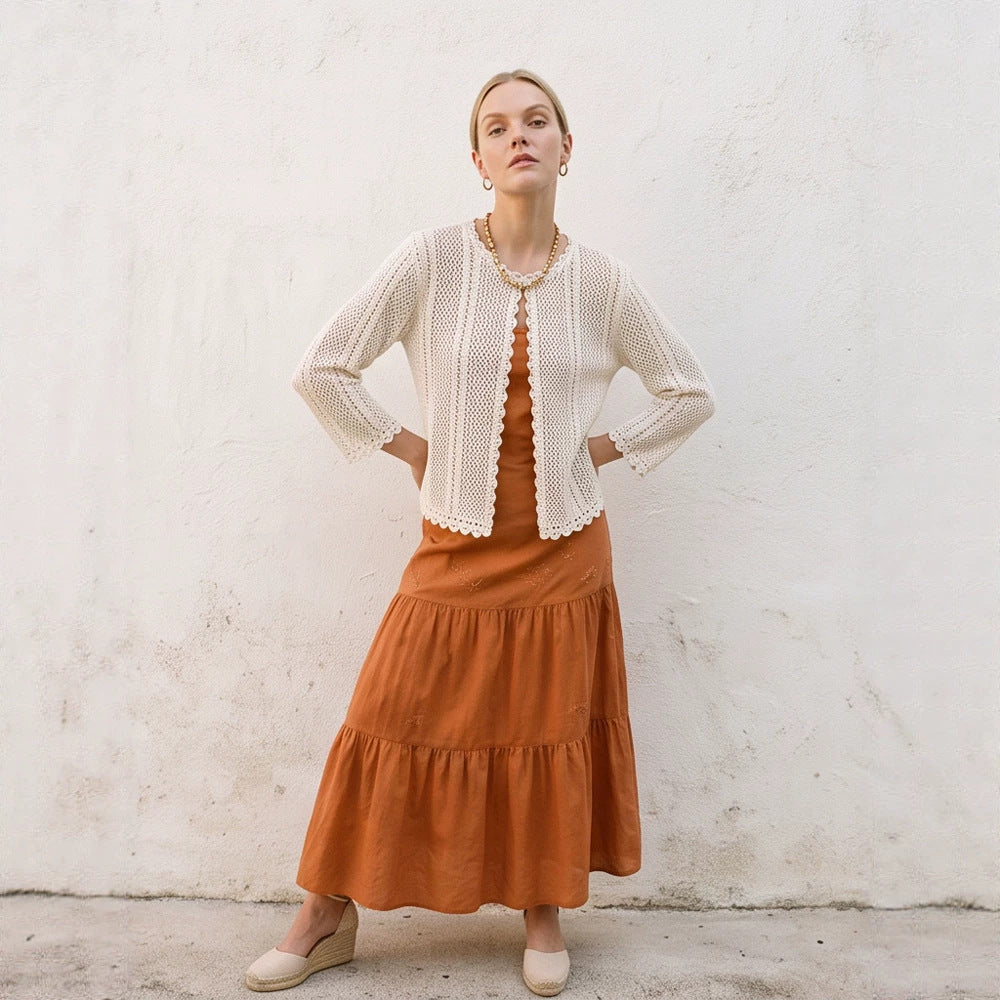 Damen gehäkelte Kurzjacke mit gewelltem Saum, offenem Vorderteil & 3/4-Ärmeln Echoarchiv
