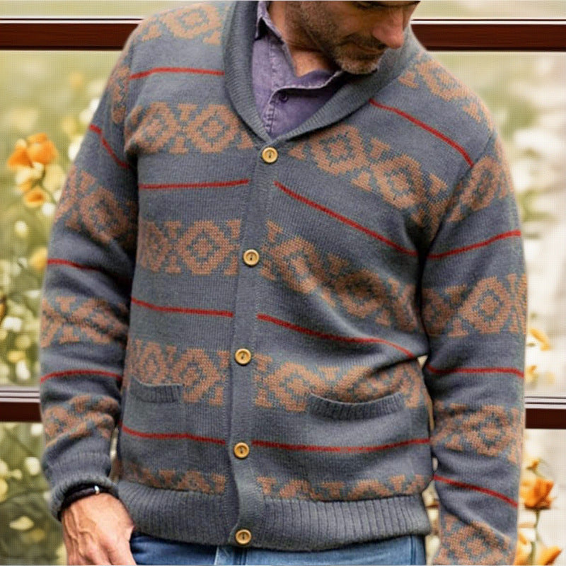 Herren Strickjacke mit modernem geometrischem Muster und praktischen Taschen Echoarchiv