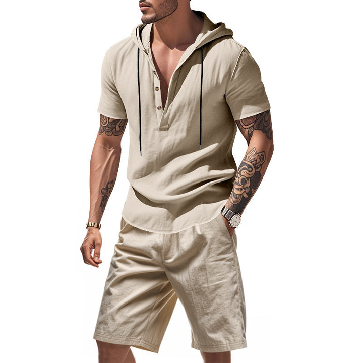 Herren lässiges Hoodie-Shorts-Set mit modischem Henley-Ausschnitt und atmungsaktiven Eigenschaften Echoarchiv
