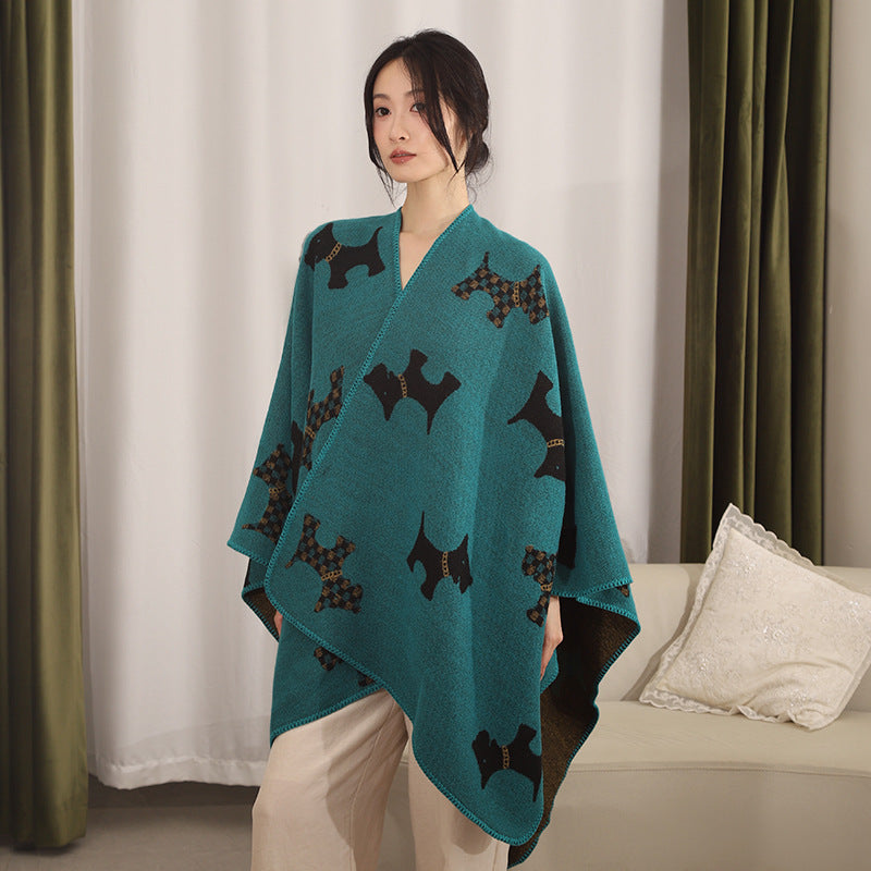 Damen Reversibler Wollmix-Umhang mit Terrier-Jacquardmuster – Avérine