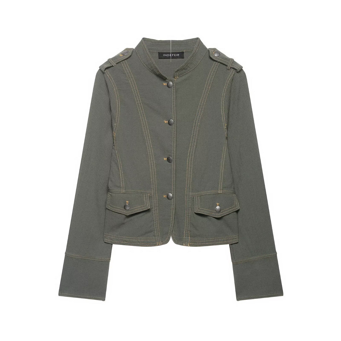 Damen Kurze Utility-Jacke mit Stehkragen, Schulterklappen und aufgesetzten Pattentaschen Echo Archiv