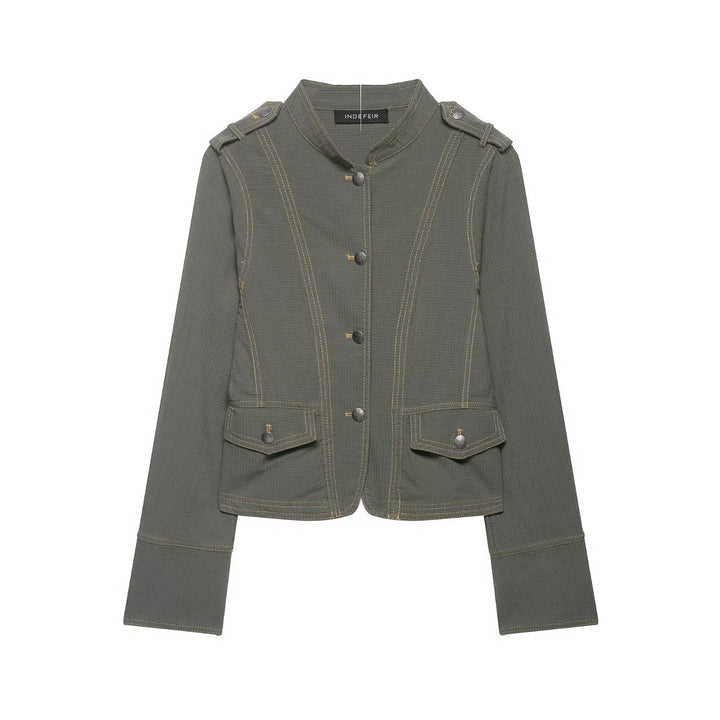 Damen Kurze Utility-Jacke mit Stehkragen, Schulterklappen und aufgesetzten Pattentaschen Echo Archiv