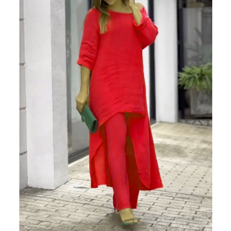 Damen Leichtes Leinen-Zweiteiler mit asymmetrischer High-Low-Tunika und weiter Palazzo-Hose Echo Archiv