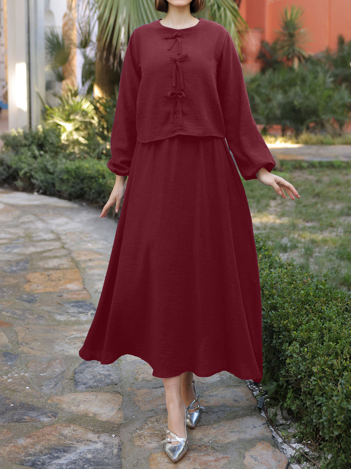 Damen Langes Zweiteiliges Maxikleid mit Überwurf, Rundhals und Zierknoten – Valéora