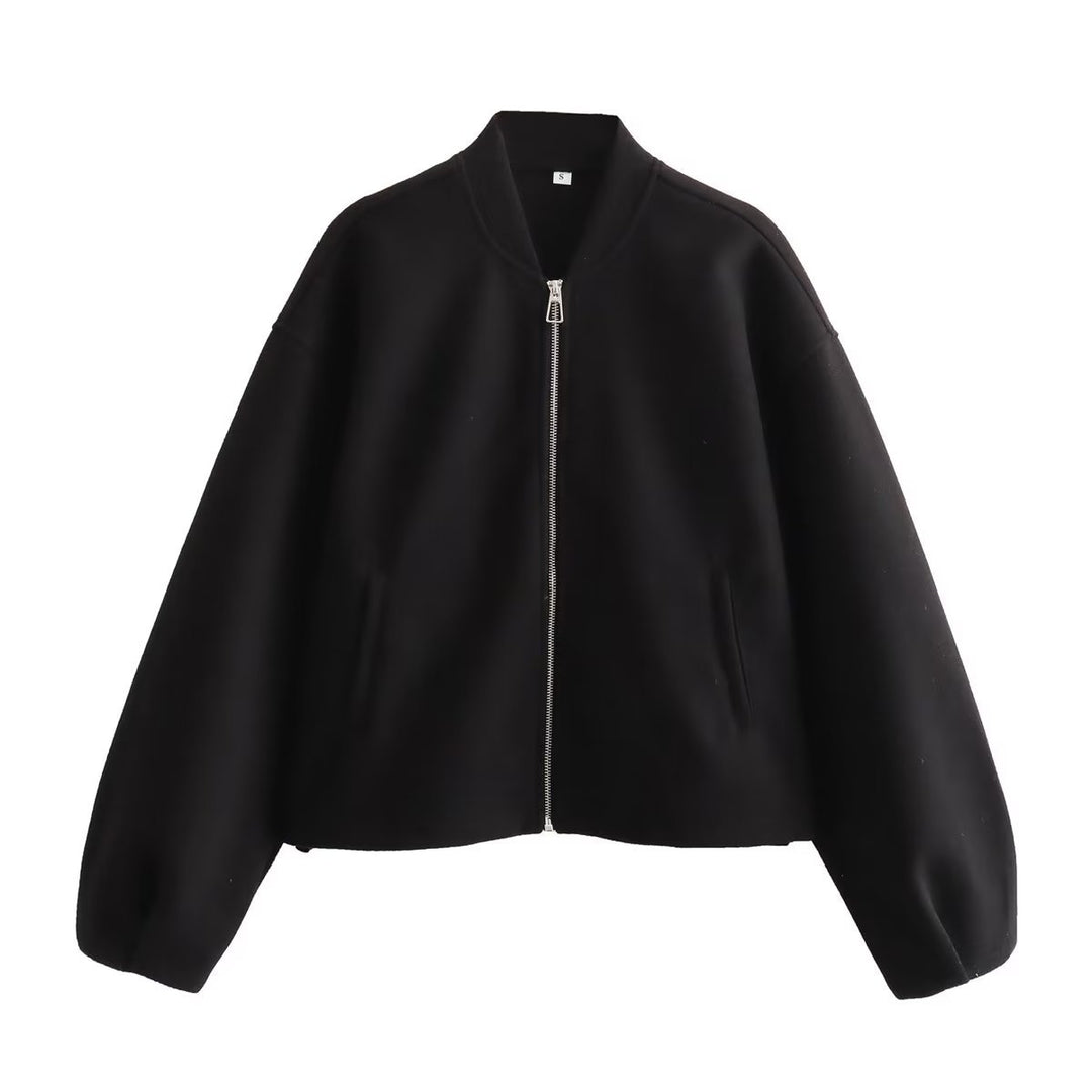 Damen kurz geschnittene minimalistische Bomberjacke mit verdecktem Zwei-Wege-Reißverschluss und Eingrifftaschen – Avenza