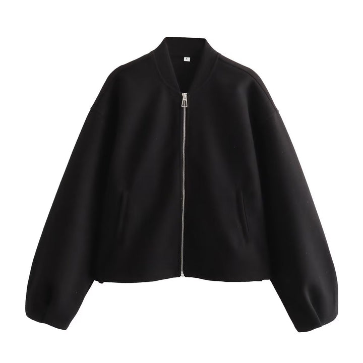 Damen kurz geschnittene minimalistische Bomberjacke mit verdecktem Zwei-Wege-Reißverschluss und Eingrifftaschen – Avenza