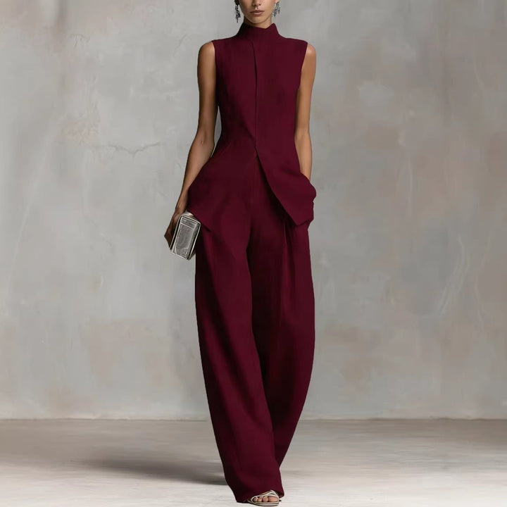 Damen Eleganter suit mit hochgeschlossenem Kragen und weitem Bein Echoarchiv