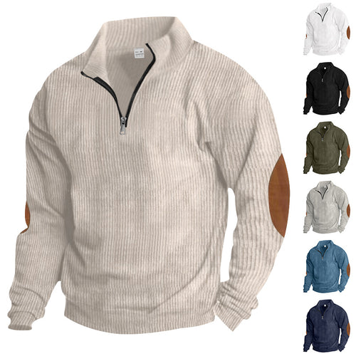 Herren nan gerippter Feinstrick-Pullover mit kurzem Reißverschluss Stehkragen und Lederoptik-Ellbogenpatches Echo Archiv