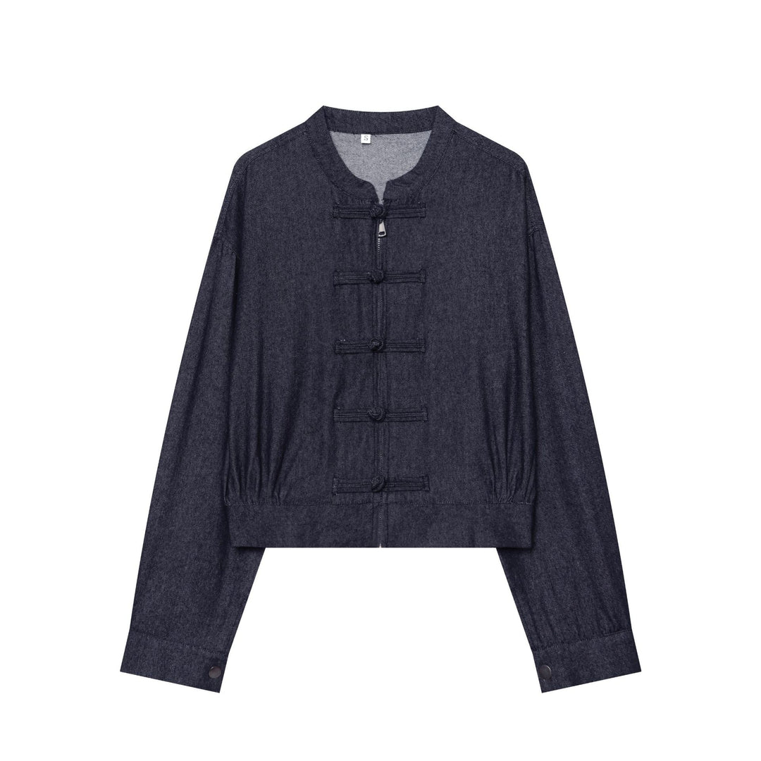 Damen Cropped Jeansjacke mit Stehkragen und chinesischen Knebelverschlüssen Echo Archiv