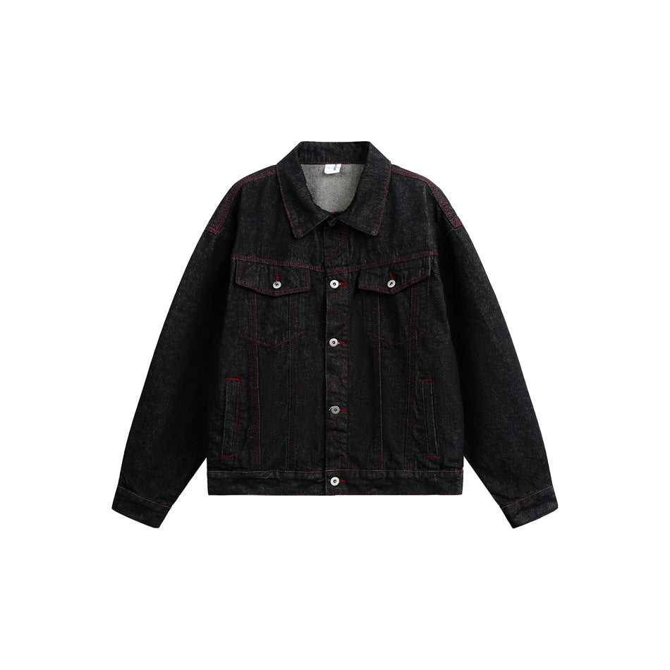 Herren Boxy‑Denimjacke mit roten Kontrastnähten und Metallknöpfen Echoarchiv
