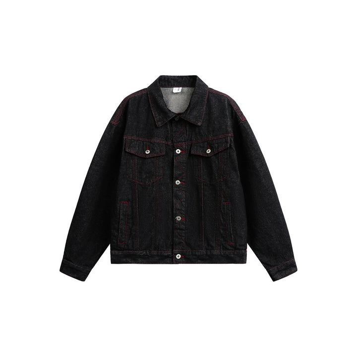 Herren Boxy‑Denimjacke mit roten Kontrastnähten und Metallknöpfen Echoarchiv