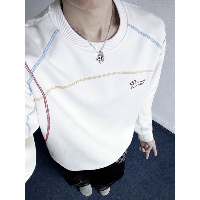 Herren Sweatshirt mit farbiger Ziernaht, gesticktem Hundemotiv und Rundhalsausschnitt Echoarchiv