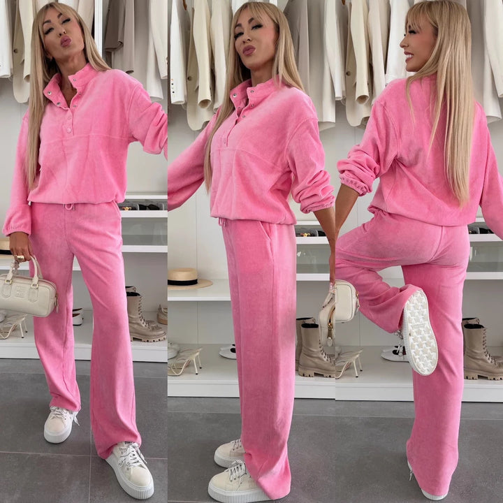 Damen Cord-Lounge-Set mit Henley-Kragen, Knopfleiste und weitem High-Waist-Hose – Élanora