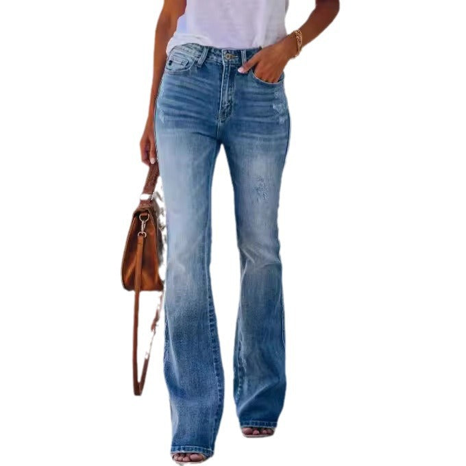 Damen nan High-Waist Schlagjeans aus Stretch-Denim mit leichter Used-Optik und figurbetontem Oberschenkel Echo Archiv