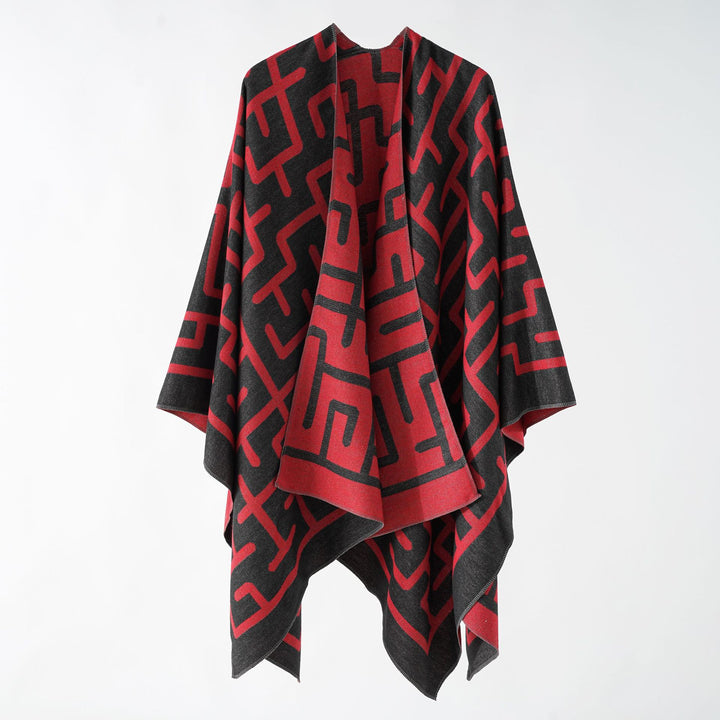 Damen Oversize-Doubleface-Überwurf mit geometrischem Jacquard und offener Front Echo Archiv