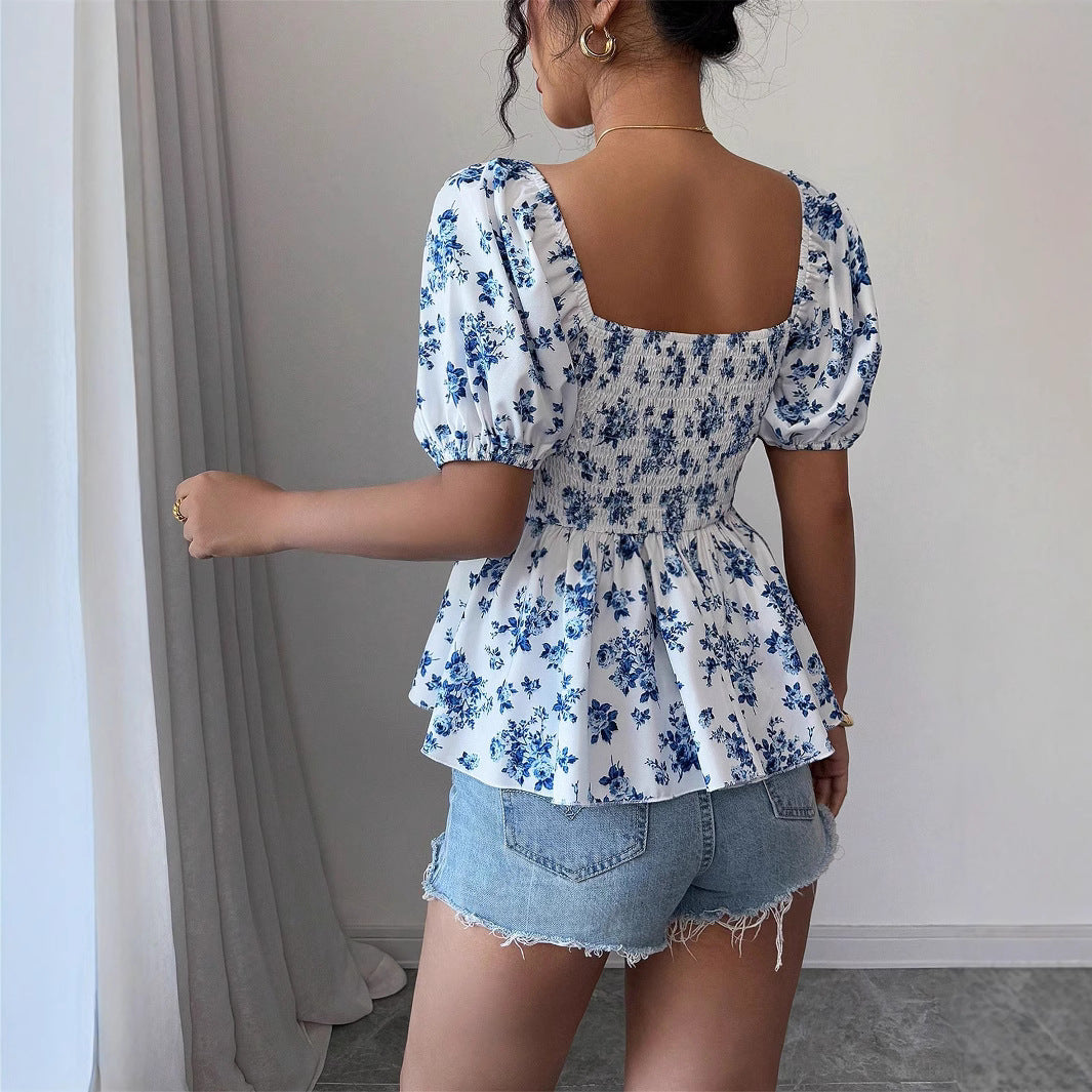 Damen Raffiniertes Oberteil mit Puffärmeln und floralem Design Echo Archiv