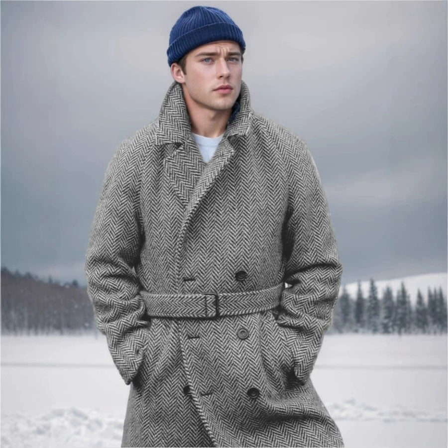 Herren eleganter Wollmantel mit doppeltem Revers und strukturiertem Herringbone-Muster Echoarchiv