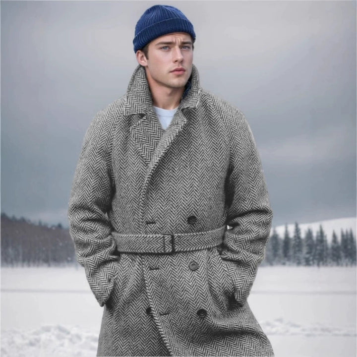 Herren eleganter Wollmantel mit doppeltem Revers und strukturiertem Herringbone-Muster Echoarchiv