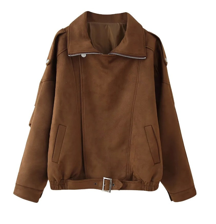 Damen nan oversized Velours-Bikerjacke mit Stehkragen, Schulterklappen und taillierbarem Hüftgürtel Echo Archiv