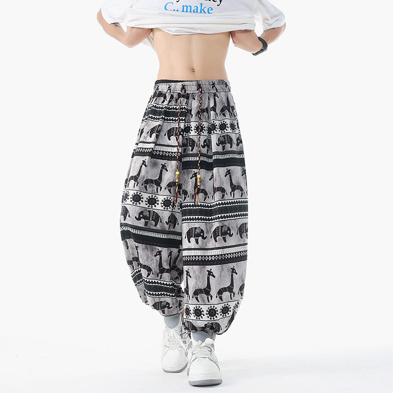Damen nan lässige Pluderhose im Ethno-Print mit elastischem Bund, Kordelzug und gesmokten Bündchen Echo Archiv