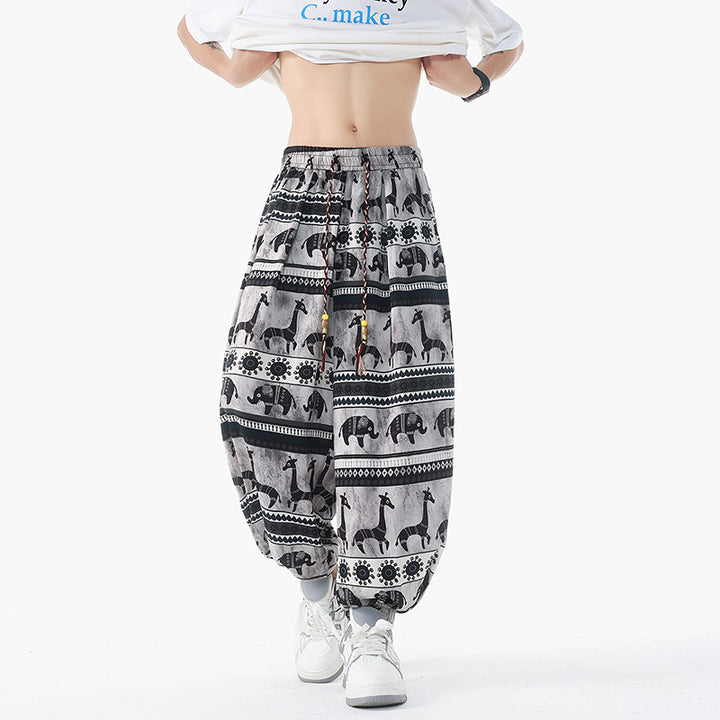 Damen nan lässige Pluderhose im Ethno-Print mit elastischem Bund, Kordelzug und gesmokten Bündchen Echo Archiv