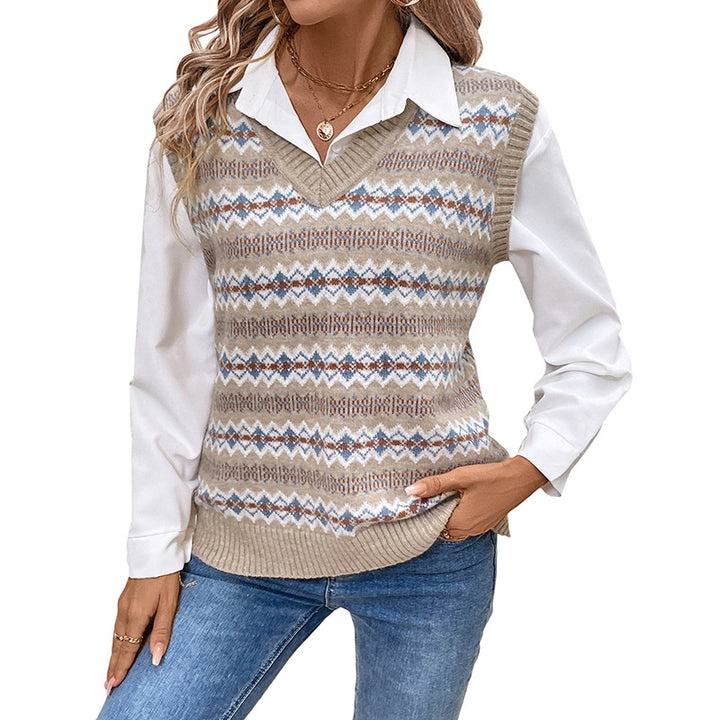 Damen Modischer Strickpullover mit V-Ausschnitt und geometrischem Muster Echo Archiv