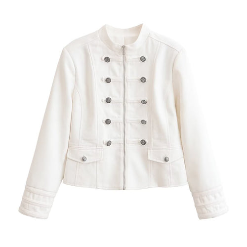 Damen Kurze Uniformjacke mit Stehkragen, Zierriegeln und Metallknopf‑Detail Echo Archiv