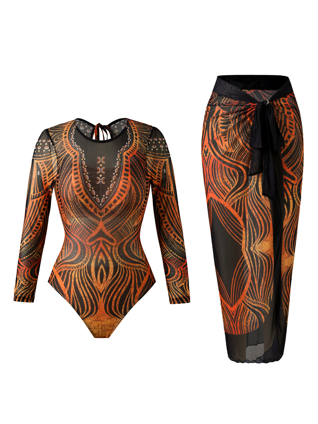 Damen Eleganter Badeanzug mit langem Arm und transparente Wickelrock Echo Archiv