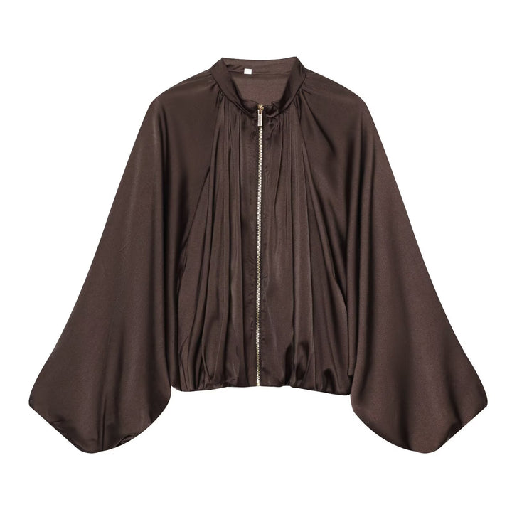 Damen Kurz geschnittene Satin‑Bomberjacke mit weitem Fledermausärmeln und Falten-Detail Echo Archiv
