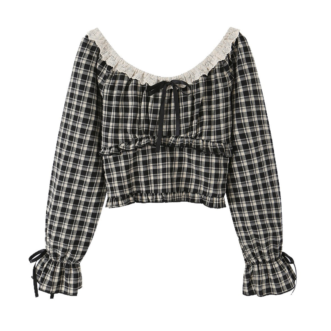 Damen Karierte Carmen-Bluse mit Rüschenkragen, Bindebändern und geraffter Cropped-Silhouette Echoarchiv