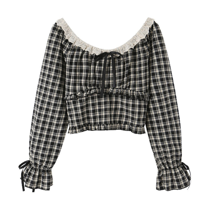 Damen Karierte Carmen-Bluse mit Rüschenkragen, Bindebändern und geraffter Cropped-Silhouette Echoarchiv