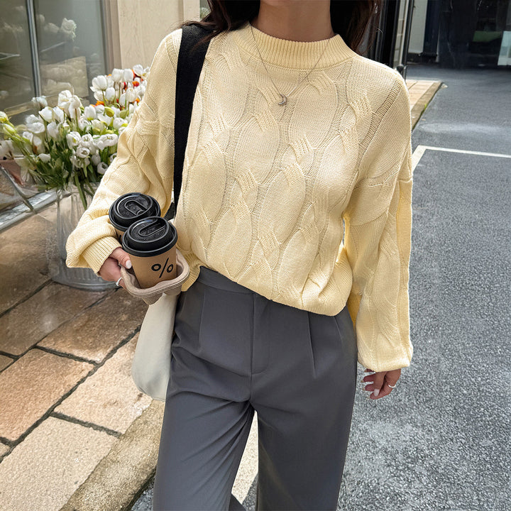 Damen cropped Zopfmuster-Pullover mit kastiger Silhouette, überschnittener Schulter und geripptem Saum – Mavelle