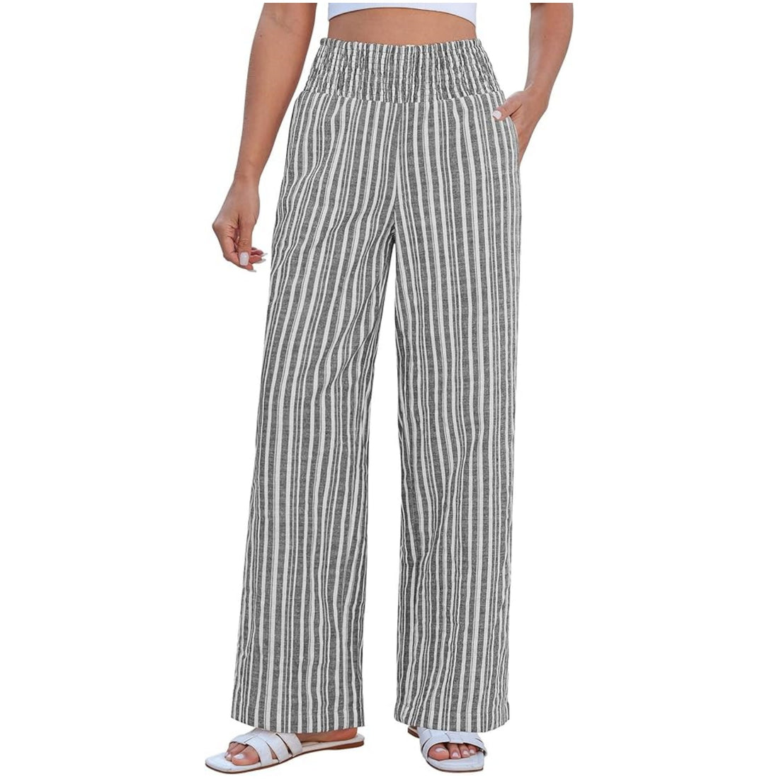 Damen Leichte Leinenhose mit weitem Bein, hoch geschnittener geraffter Gummibund und Seitentaschen Echo Archiv