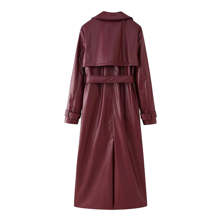 Damen nan langer veganer Trenchcoat in Lederoptik mit Taillengürtel und Schulterklappe Echo Archiv